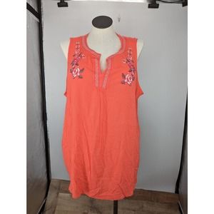 Fourteenth Place Womens Peach Embroidered Split Neck Sleeveless Blouse Top Sz 2X
